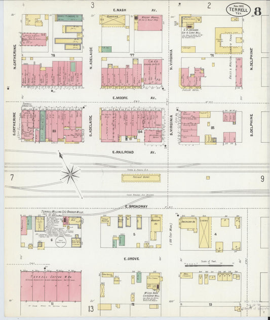 Sanborn Fire Insurance Map from Terrell, Kaufman County, Texas (1902), Sheet #0008 - Historic Sanborn Fire Insurance Map Print, vintage old map wall art, antique decor, genealogy gift, Texas Texas map