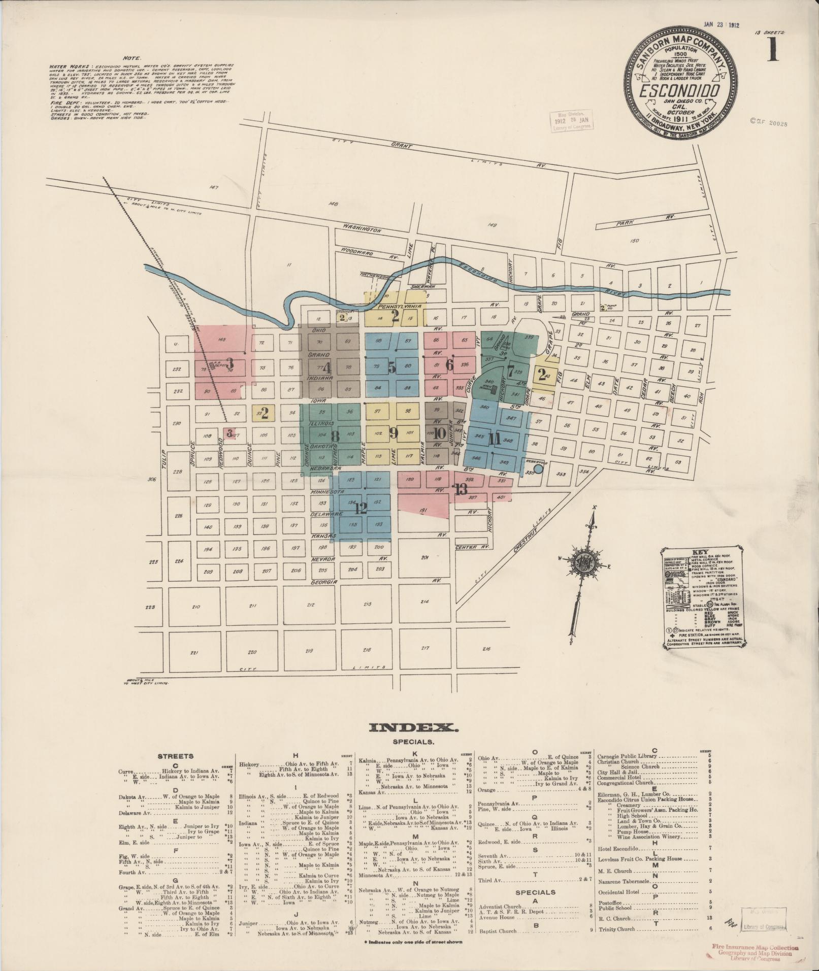 Sanborn Fire Insurance Map from Escondido, San Diego County, California (1911), Sheet #0001 - Complete Map Set gallery image, historic Sanborn map, vintage wall art, California California