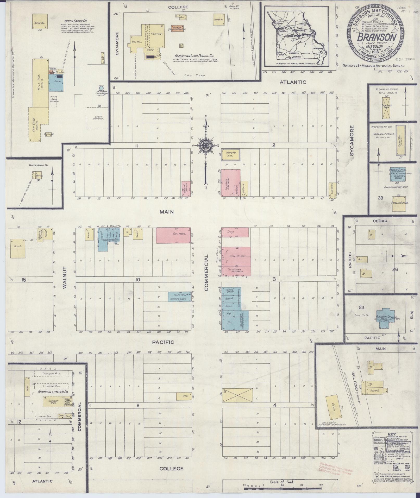 Sanborn Fire Insurance Map from Branson, Taney County, Missouri (1913), Sheet #0001 - Historic Sanborn Fire Insurance Map Print, vintage old map wall art, antique decor, genealogy gift, Missouri Missouri map