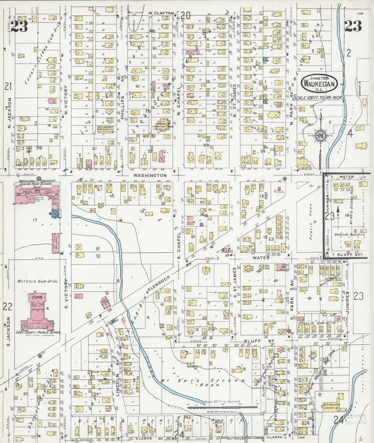 Sanborn Fire Insurance Map from Waukegan, Lake County, Illinois (1924), Sheet #0023 - Complete Map Set gallery image, historic Sanborn map, vintage wall art, Illinois Illinois