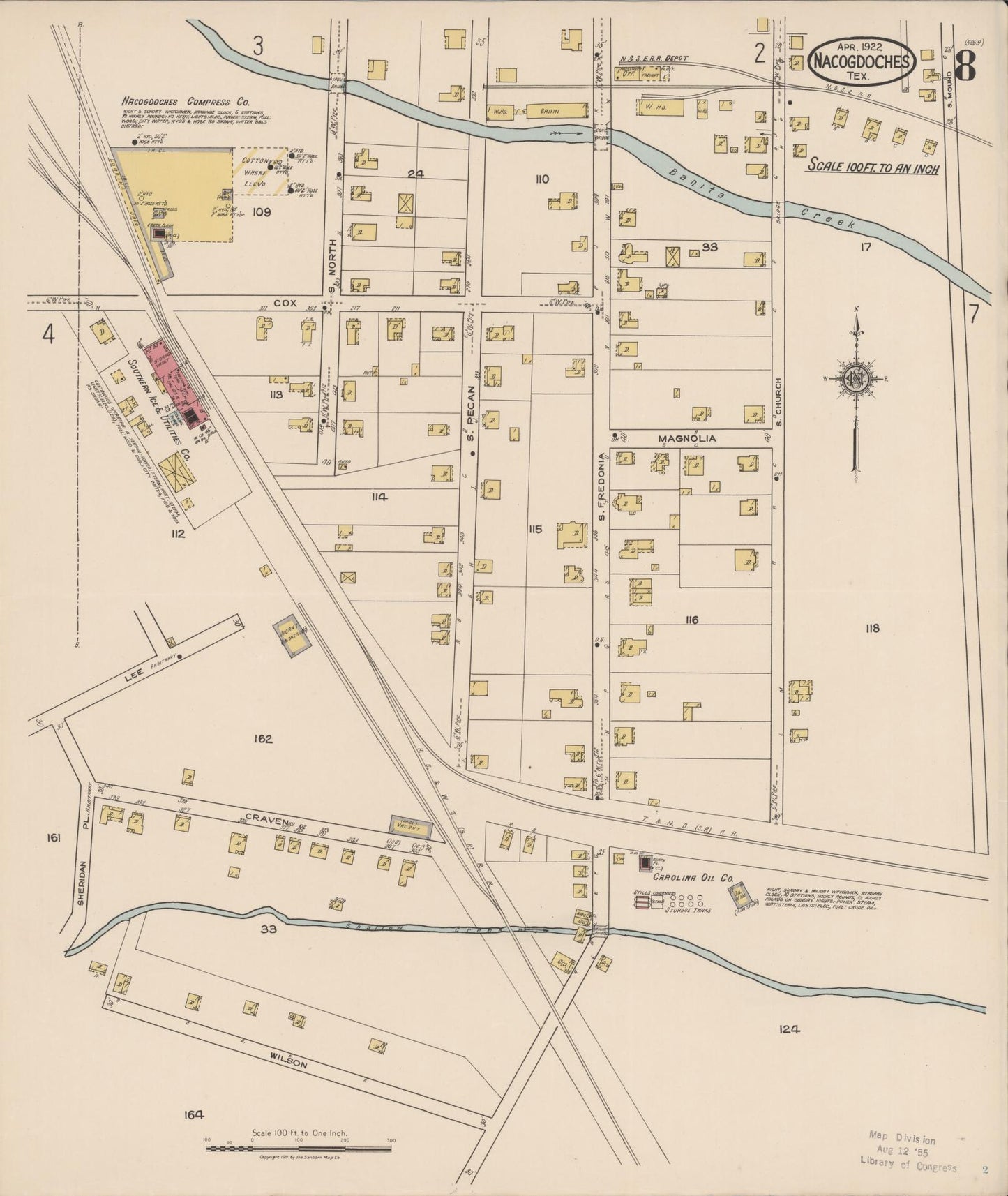 Sanborn Fire Insurance Map from Nacogdoches, Nacogdoches County, Texas (1922), Sheet #0008 - Historic Sanborn Fire Insurance Map Print, vintage old map wall art, antique decor, genealogy gift, Texas Texas map