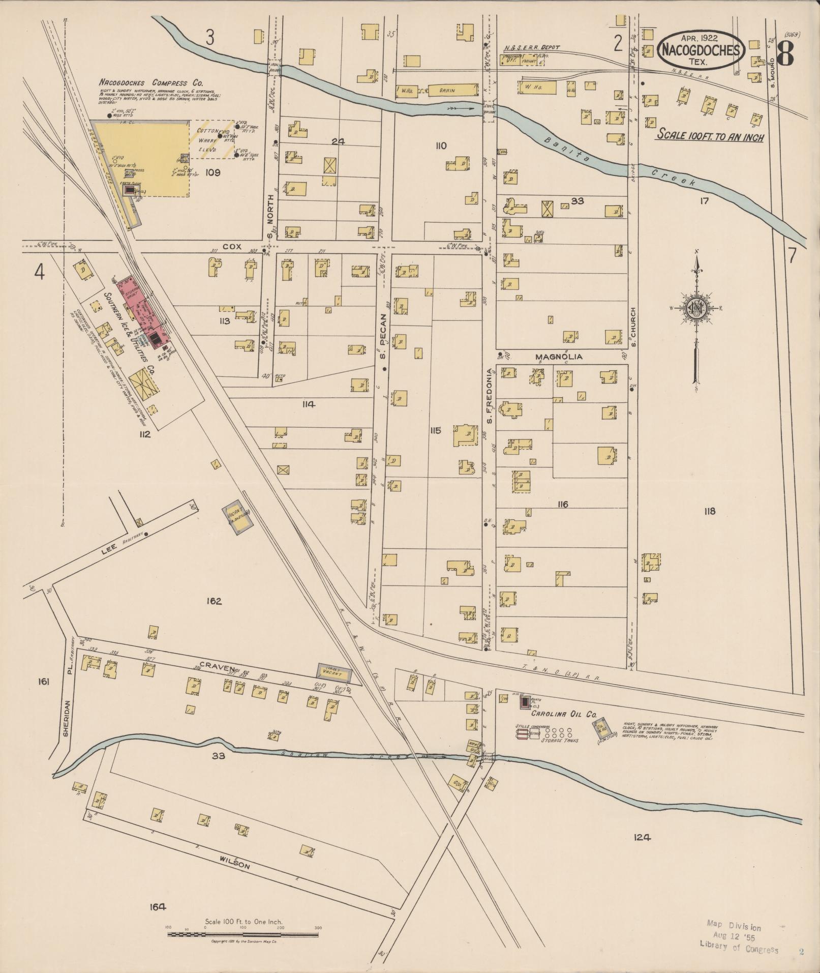 Sanborn Fire Insurance Map from Nacogdoches, Nacogdoches County, Texas (1922), Sheet #0008 - Historic Sanborn Fire Insurance Map Print, vintage old map wall art, antique decor, genealogy gift, Texas Texas map