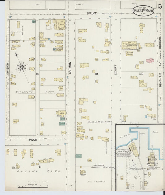 Sanborn Fire Insurance Map from Sault Sainte Marie, Chippewa County, Michigan (1887), Sheet #0005 - Historic Sanborn Fire Insurance Map Print, vintage old map wall art, antique decor, genealogy gift, Michigan Michigan map