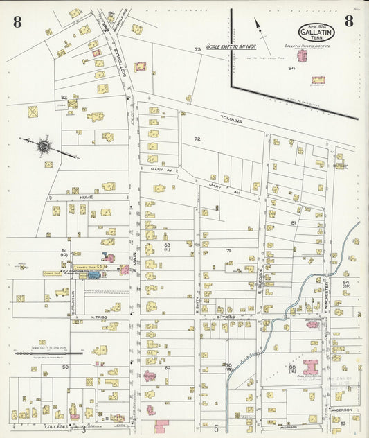 Sanborn Fire Insurance Map from Gallatin, Sumner County, Tennessee (1924), Sheet #0008 - Historic Sanborn Fire Insurance Map Print, vintage old map wall art, antique decor, genealogy gift, Tennessee Tennessee map
