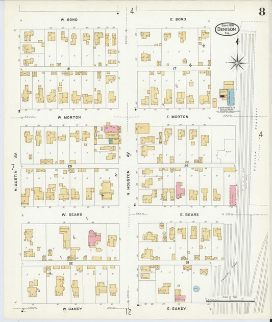 Sanborn Fire Insurance Map from Denison, Grayson County, Texas (1908), Sheet #0008 - Historic Sanborn Fire Insurance Map Print, vintage old map wall art, antique decor, genealogy gift, Texas Texas map