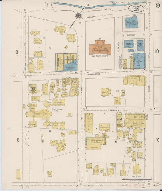 Sanborn Fire Insurance Map from Hilo, Hawaii County, Hawaii (1921), Sheet #0009 - Historic Sanborn Fire Insurance Map Print, vintage old map wall art