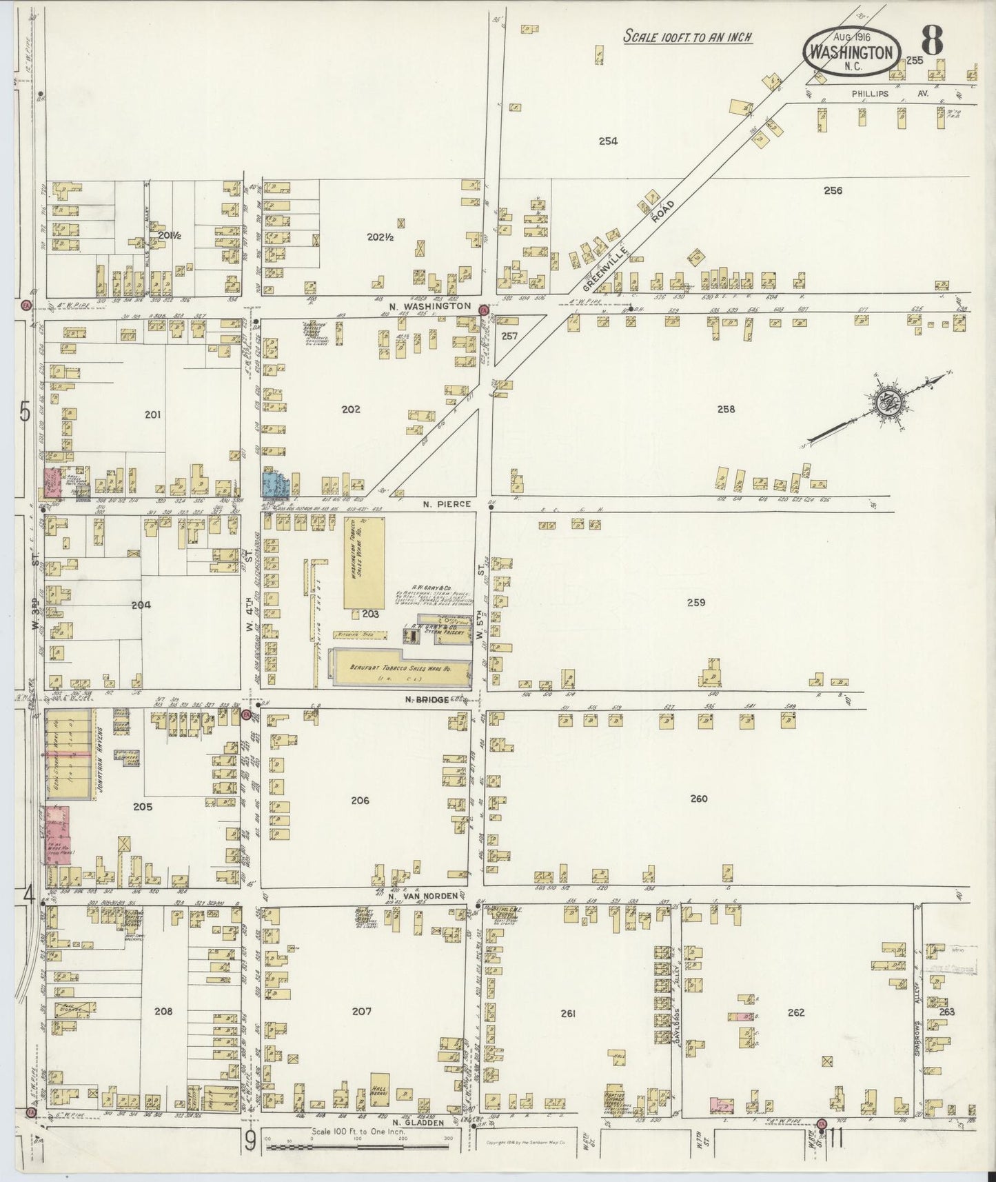 Sanborn Fire Insurance Map from Washington, Beaufort County, North Carolina (1916), Sheet #0008 - Historic Sanborn Fire Insurance Map Print, vintage old map wall art, antique decor, genealogy gift, North Carolina North Carolina map