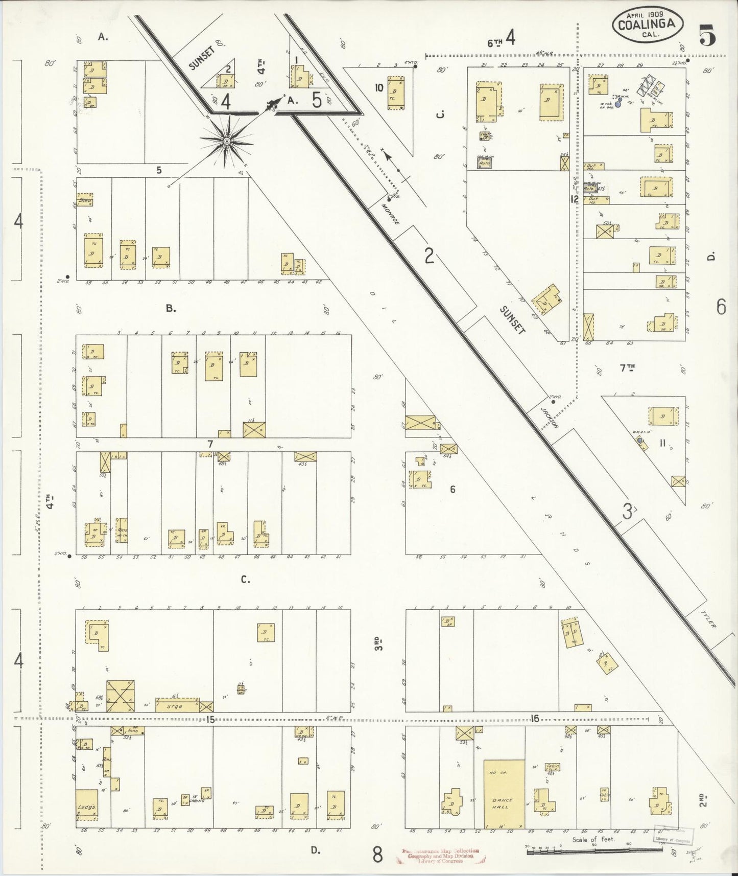 Sanborn Fire Insurance Map from Coalinga, Fresno County, California (1909), Sheet #0005 - Complete Map Set gallery image, historic Sanborn map, vintage wall art, California California