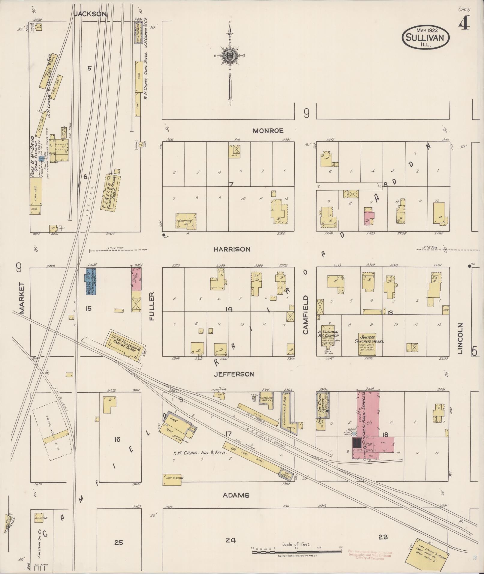 Sanborn Fire Insurance Map from Sullivan, Moultrie County, Illinois (1922), Sheet #0004 - Historic Sanborn Fire Insurance Map Print, vintage old map wall art, antique decor, genealogy gift, Illinois Illinois map