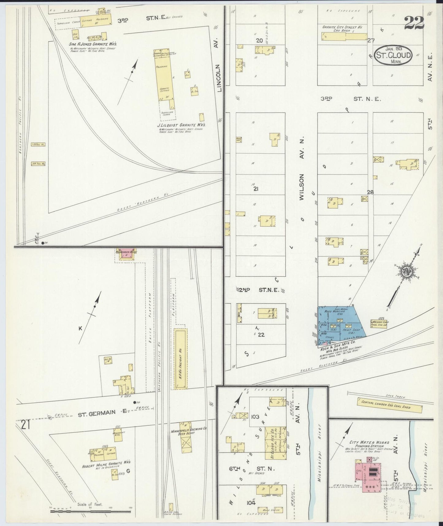 Sanborn Fire Insurance Map from Saint Cloud, Stearns, Benton, and Sherburne Counties, Minnesota (1913), Sheet #0022 - Complete Map Set gallery image, historic Sanborn map, vintage wall art, Minnesota Minnesota
