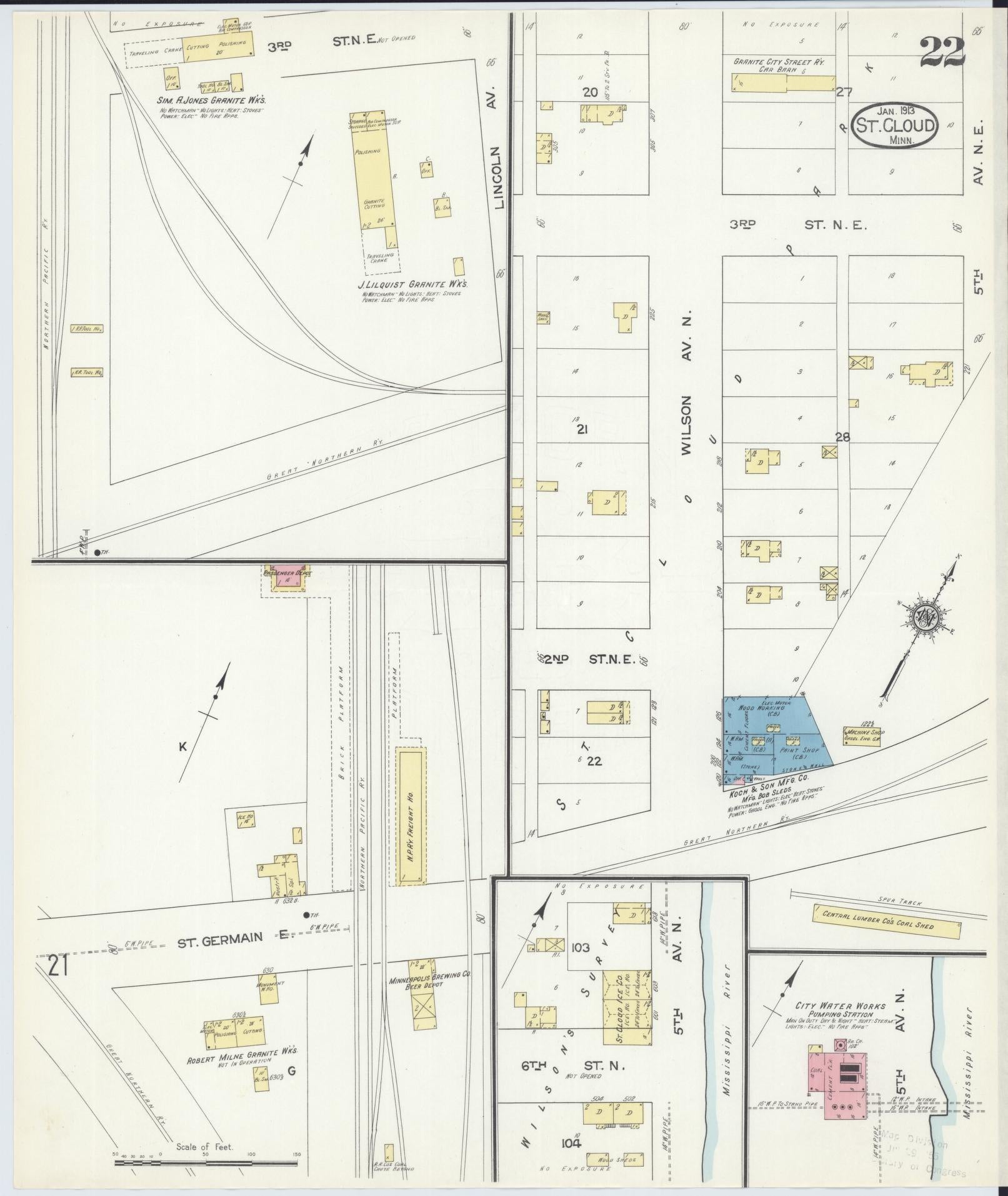 Sanborn Fire Insurance Map from Saint Cloud, Stearns, Benton, and Sherburne Counties, Minnesota (1913), Sheet #0022 - Complete Map Set gallery image, historic Sanborn map, vintage wall art, Minnesota Minnesota