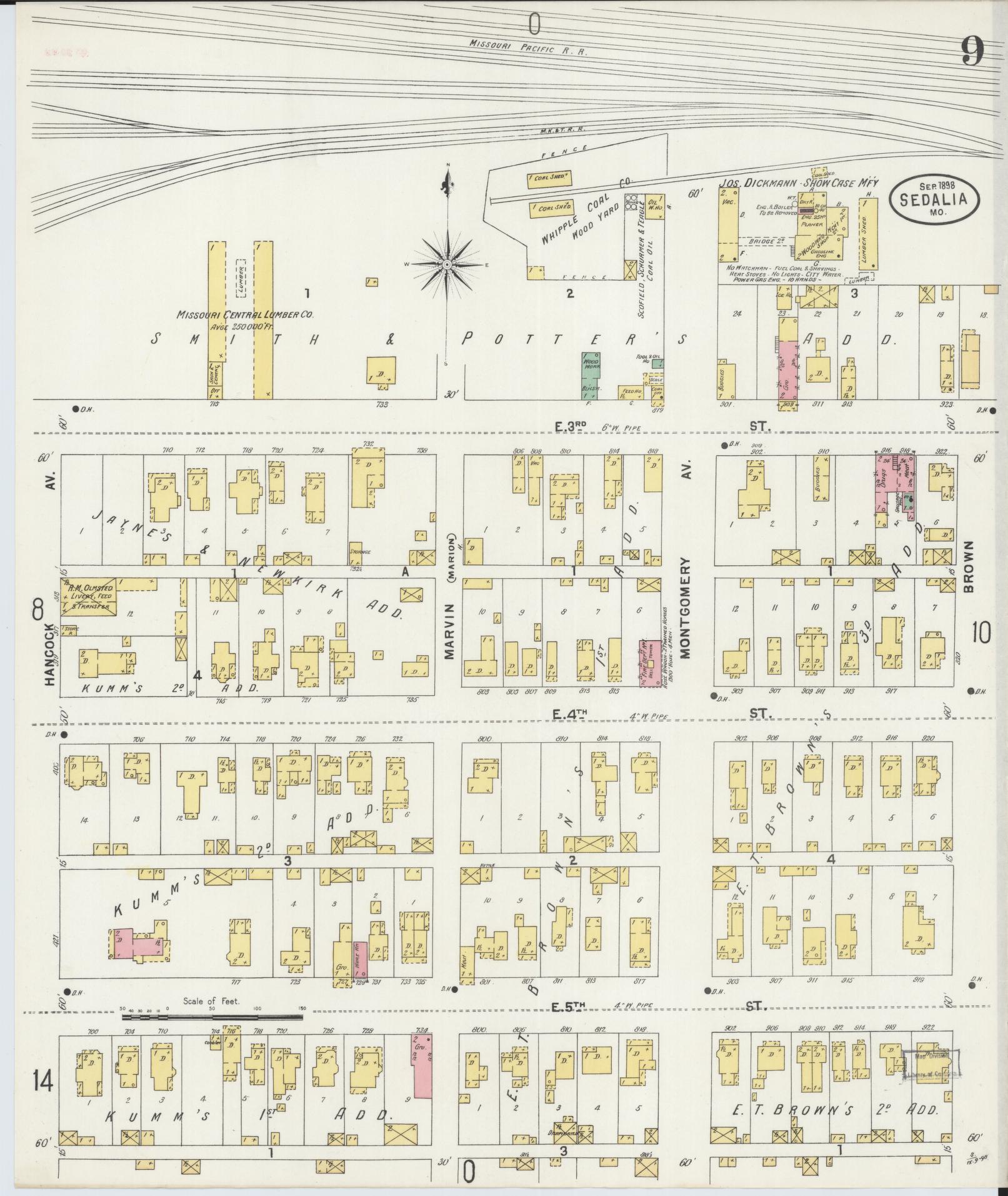 Sanborn Fire Insurance Map from Sedalia, Pettis County, Missouri (1898), Sheet #0009 - Complete Map Set gallery image, historic Sanborn map, vintage wall art, Missouri Missouri