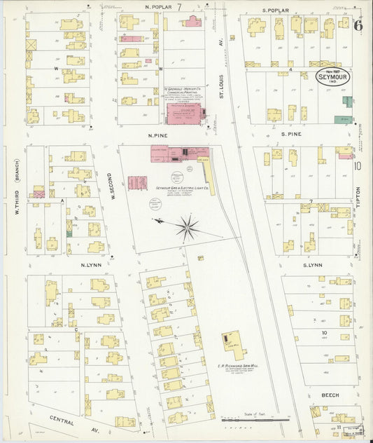Sanborn Fire Insurance Map from Seymour, Jackson County, Indiana (1907), Sheet #0006 - Historic Sanborn Fire Insurance Map Print, vintage old map wall art, antique decor, genealogy gift, Indiana Indiana map