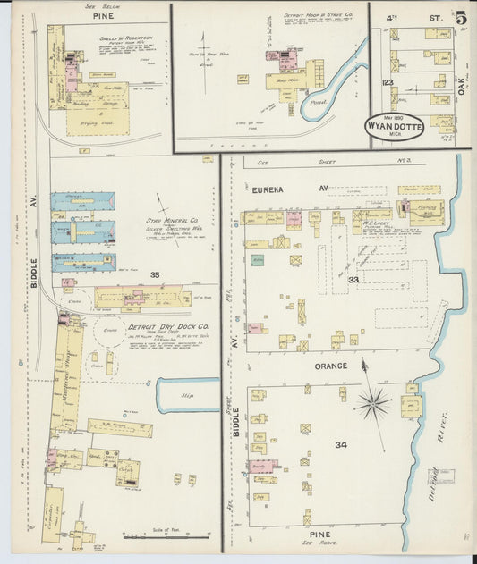 Sanborn Fire Insurance Map from Wyandotte, Wayne County, Michigan (1890), Sheet #0005 - Historic Sanborn Fire Insurance Map Print, vintage old map wall art, antique decor, genealogy gift, Michigan Michigan map