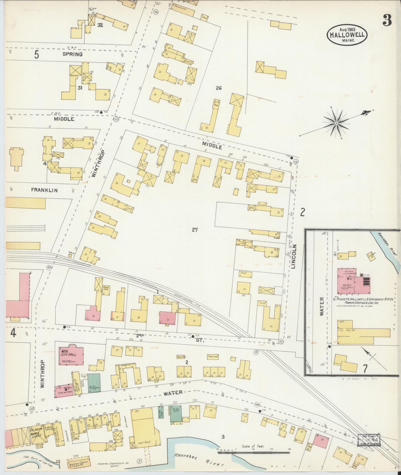 Sanborn Fire Insurance Map from Hallowell, Kennebec County, Maine (1903), Sheet #0003 - Historic Sanborn Fire Insurance Map Print, vintage old map wall art, antique decor, genealogy gift, Maine Maine map