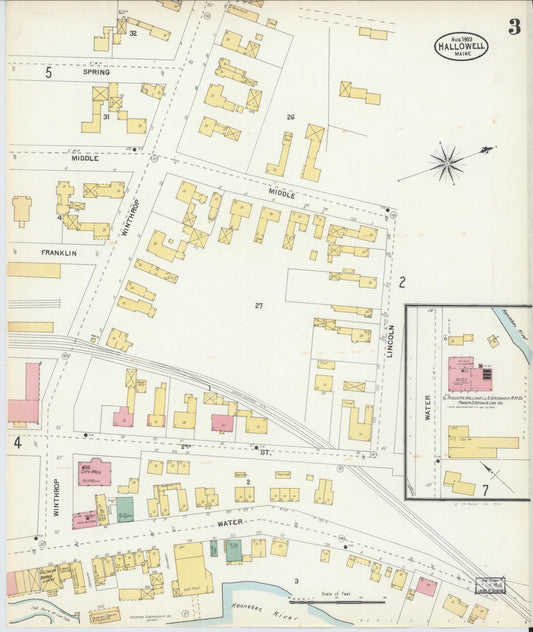 Sanborn Fire Insurance Map from Hallowell, Kennebec County, Maine (1903), Sheet #0003 - Historic Sanborn Fire Insurance Map Print, vintage old map wall art, antique decor, genealogy gift, Maine Maine map