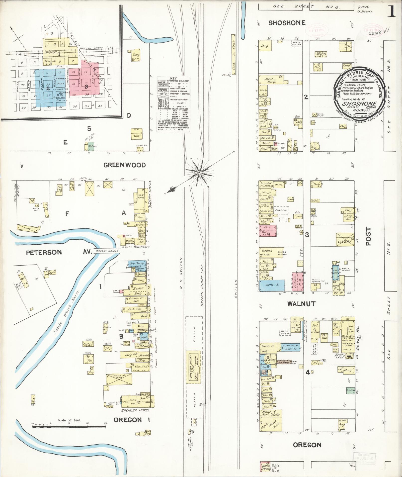 Sanborn Fire Insurance Map from Shoshone, Lincoln County, Idaho (1890), Sheet #0001 - Historic Sanborn Fire Insurance Map Print, vintage old map wall art, antique decor, genealogy gift, Idaho Idaho map