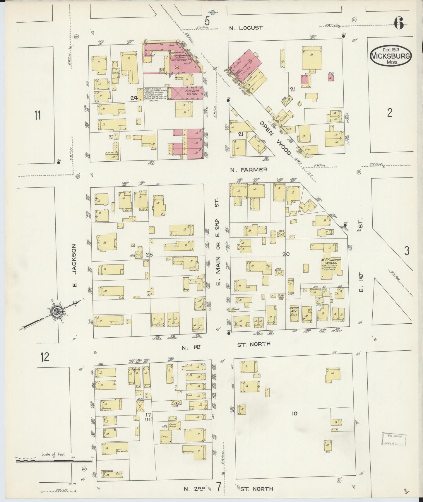 Sanborn Fire Insurance Map from Vicksburg, Warren County, Mississippi (1913), Sheet #0006 - Historic Sanborn Fire Insurance Map Print, vintage old map wall art, antique decor, genealogy gift, Mississippi Mississippi map