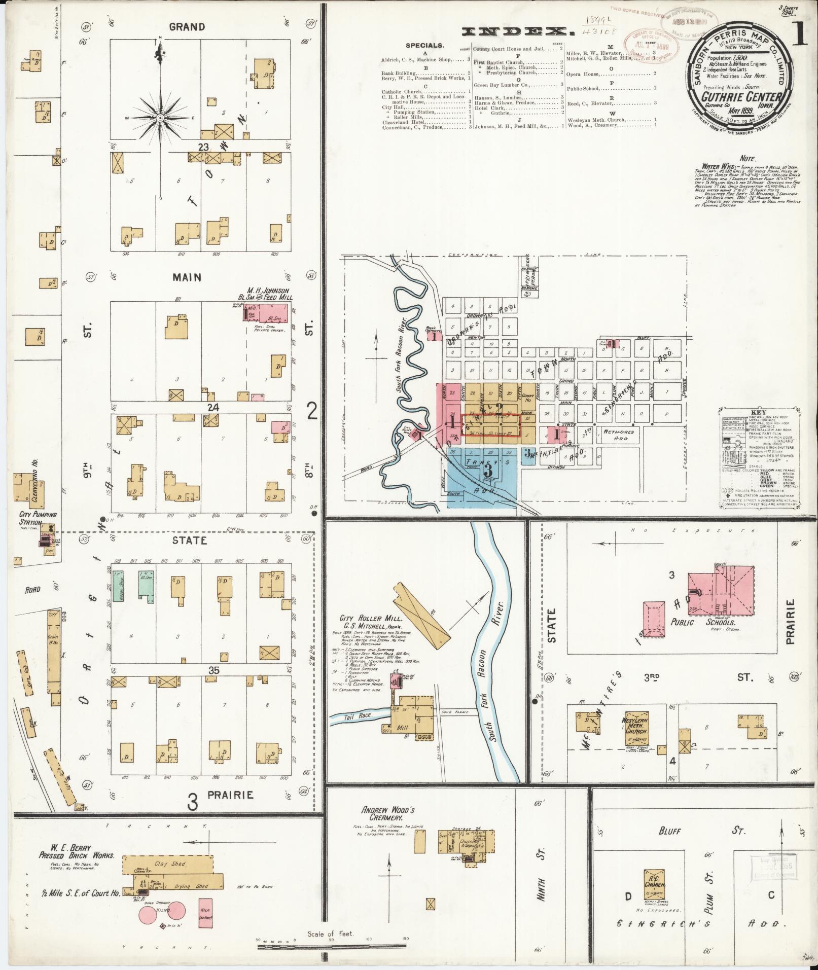 Sanborn Fire Insurance Map from Guthrie Center, Guthrie County, Iowa (1899), Sheet #0001 - Historic Sanborn Fire Insurance Map Print, vintage old map wall art