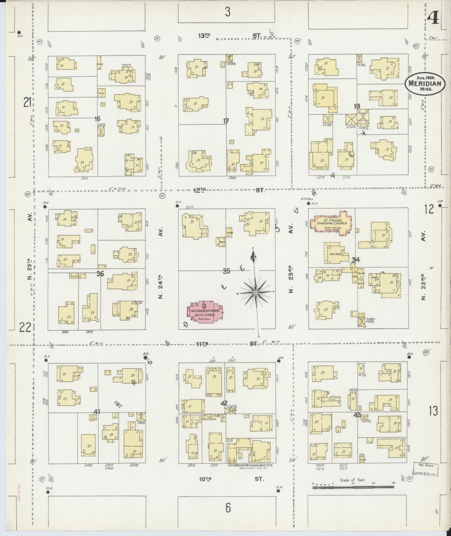 Sanborn Fire Insurance Map from Meridian, Lauderdale County, Mississippi (1906), Sheet #0004 - Complete Map Set gallery image, historic Sanborn map, vintage wall art, Mississippi Mississippi
