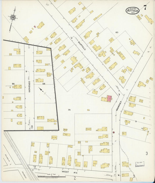 Sanborn Fire Insurance Map from Attica, Wyoming County, New York (1917), Sheet #0007 - Historic Sanborn Fire Insurance Map Print, vintage old map wall art, antique decor, genealogy gift, Attica Wyoming map