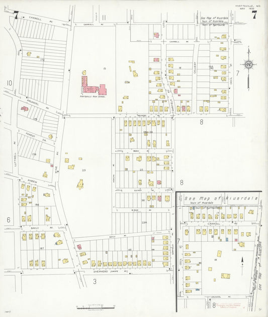 Sanborn Fire Insurance Map from Hyattsville, Prince Georges County, Maryland (1933), Sheet #0007 - Historic Sanborn Fire Insurance Map Print, vintage old map wall art, antique decor, genealogy gift, Maryland Maryland map
