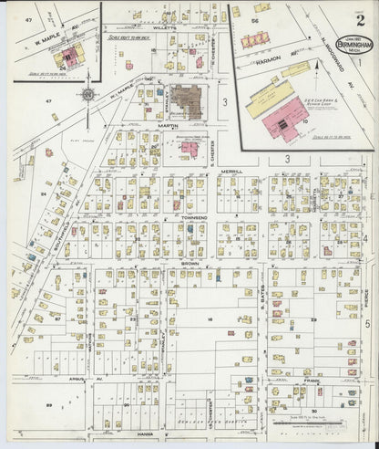 Sanborn Fire Insurance Map from Birmingham, Oakland County, Michigan (1921), Sheet #0002 - Historic Sanborn Fire Insurance Map Print, vintage old map wall art, antique decor, genealogy gift, Michigan Michigan map