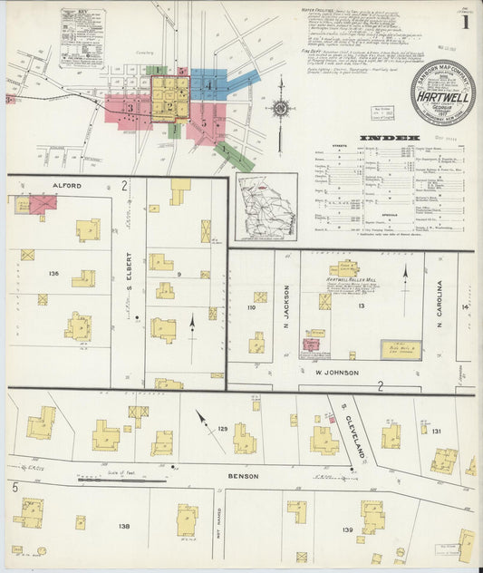 Sanborn Fire Insurance Map from Hartwell, Hart County, Georgia (1917), Sheet #0001 - Historic Sanborn Fire Insurance Map Print, vintage old map wall art, antique decor, genealogy gift, Georgia Georgia map
