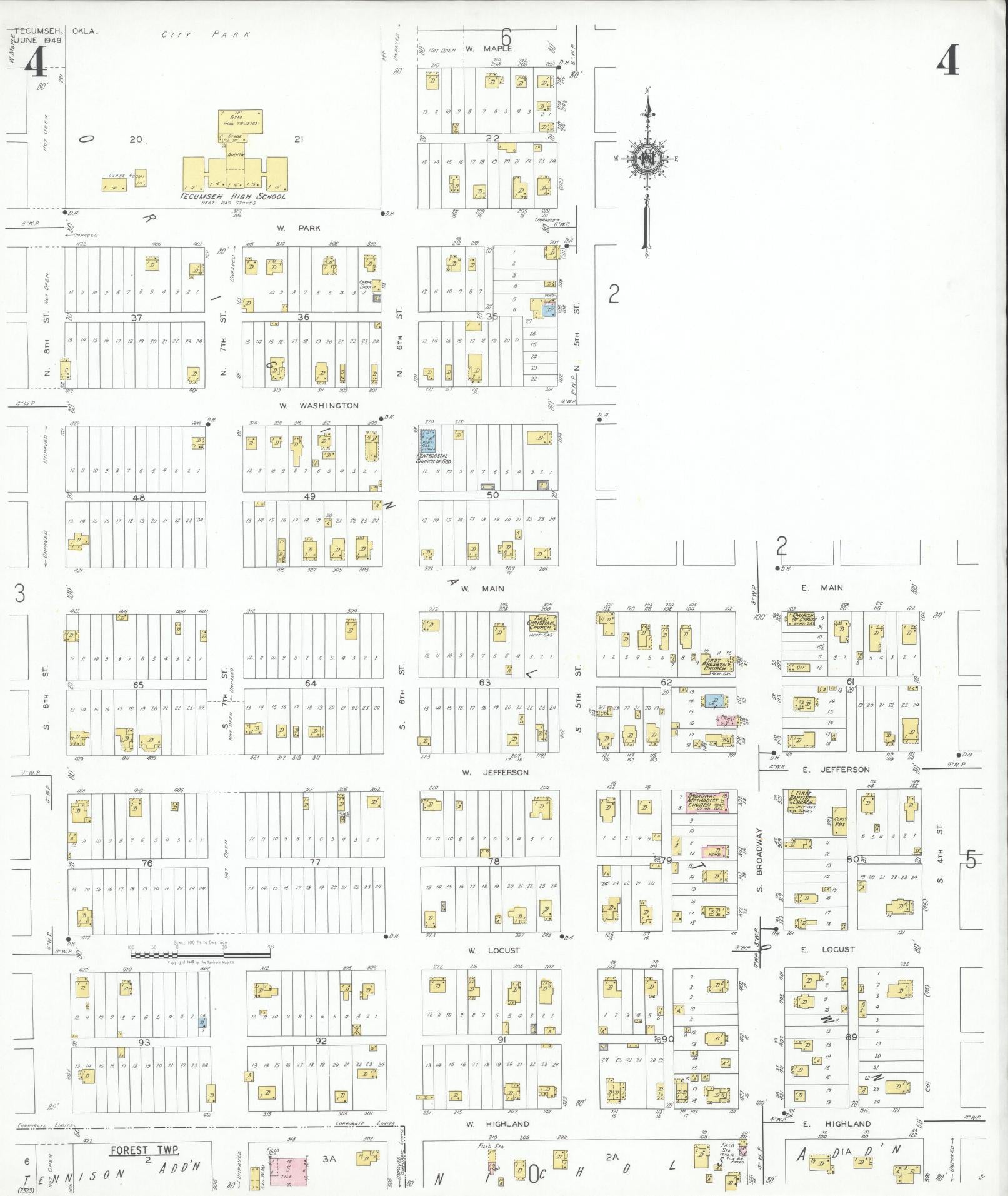 Sanborn Fire Insurance Map from Tecumseh, Pottawatomie County, Oklahoma (1949), Sheet #0004 - Historic Sanborn Fire Insurance Map Print, vintage old map wall art, antique decor, genealogy gift, Oklahoma Oklahoma map