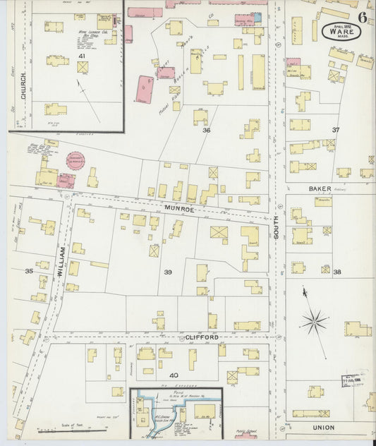 Sanborn Fire Insurance Map from Ware, Hampshire County, Massachusetts (1892), Sheet #0006 - Historic Sanborn Fire Insurance Map Print, vintage old map wall art, antique decor, genealogy gift, Massachusetts Massachusetts map