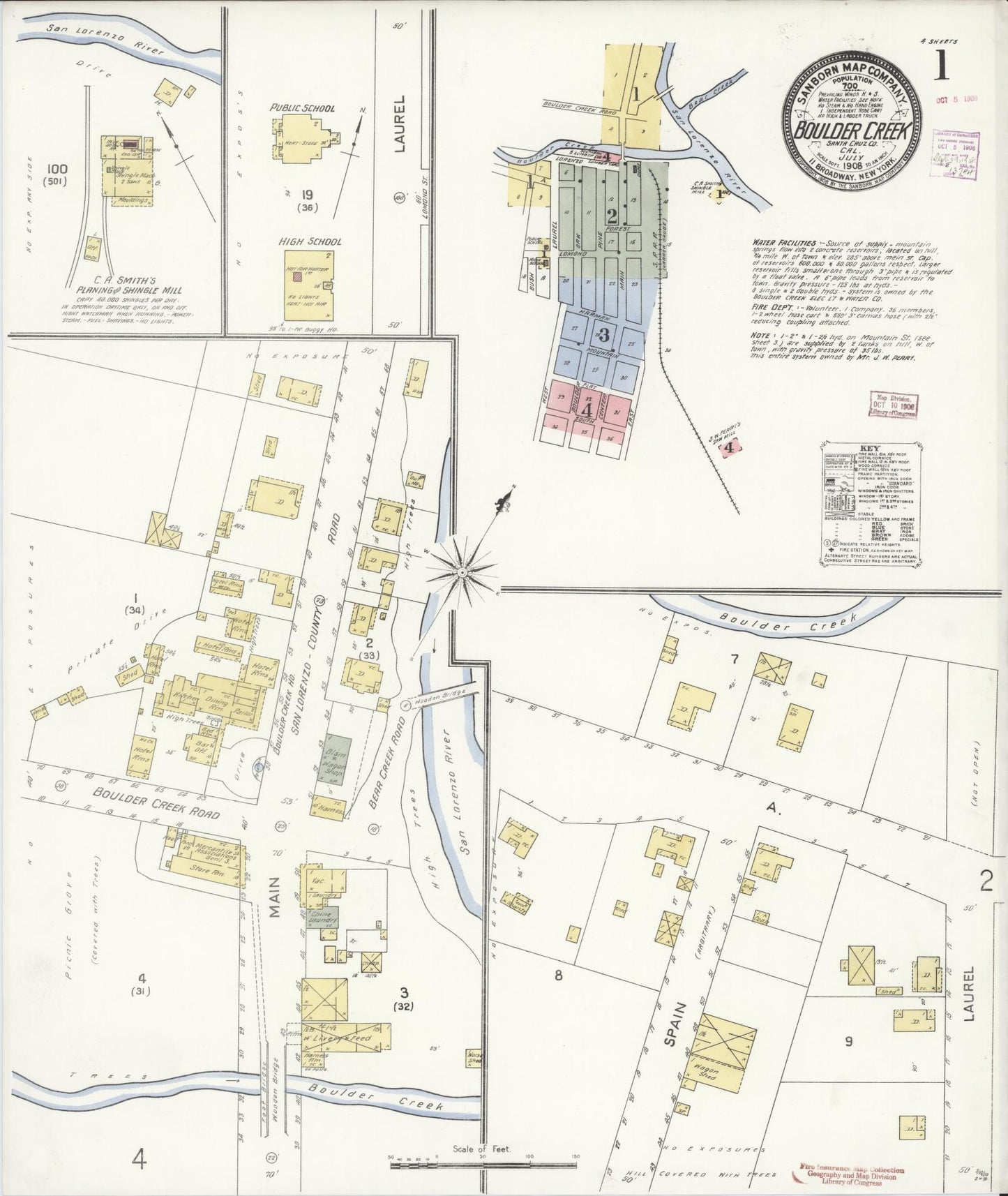Sanborn Fire Insurance Map from Boulder Creek, Santa Cruz County, California. (1908) – Historic Sanborn Fire Insurance Map Print