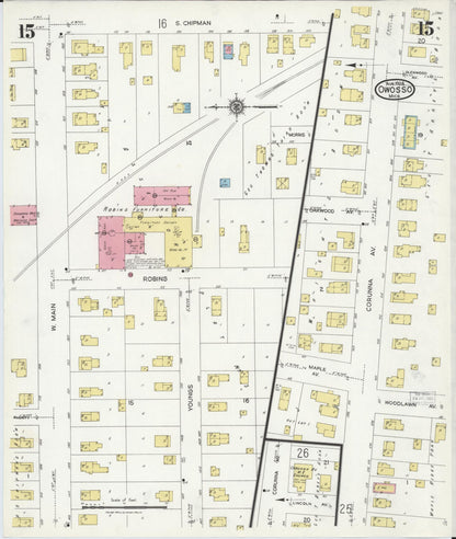 Sanborn Fire Insurance Map from Owosso, Shiawassee County, Michigan (1924), Sheet #0015 - Historic Sanborn Fire Insurance Map Print, vintage old map wall art, antique decor, genealogy gift, Michigan Michigan map