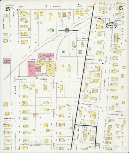 Sanborn Fire Insurance Map from Owosso, Shiawassee County, Michigan (1924), Sheet #0015 - Historic Sanborn Fire Insurance Map Print, vintage old map wall art, antique decor, genealogy gift, Michigan Michigan map