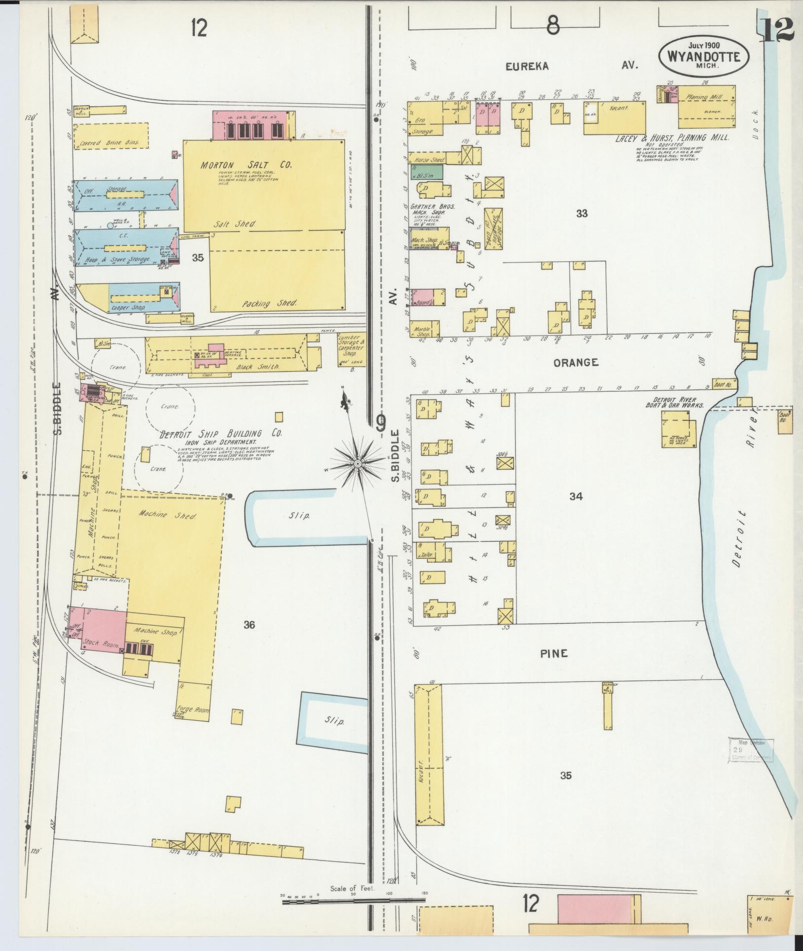 Sanborn Fire Insurance Map from Wyandotte, Wayne County, Michigan (1900), Sheet #0012 - Historic Sanborn Fire Insurance Map Print, vintage old map wall art, antique decor, genealogy gift, Michigan Michigan map