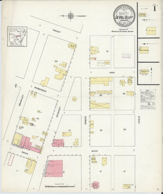 Sanborn Fire Insurance Map from De Valls Bluff, Priairie County, Arkansas (1913), Sheet #0001 - Historic Sanborn Fire Insurance Map Print, vintage old map wall art, antique decor, genealogy gift, Arkansas Arkansas map