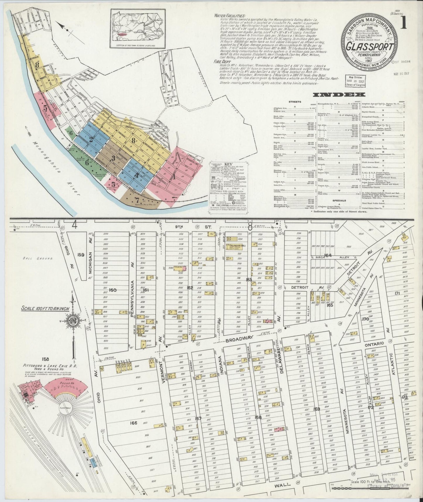 Sanborn Fire Insurance Map from Glassport, Allegheny County, Pennsylvania (1917), Sheet #0001 - Historic Sanborn Fire Insurance Map Print, vintage old map wall art, antique decor, genealogy gift, Pennsylvania Pennsylvania map