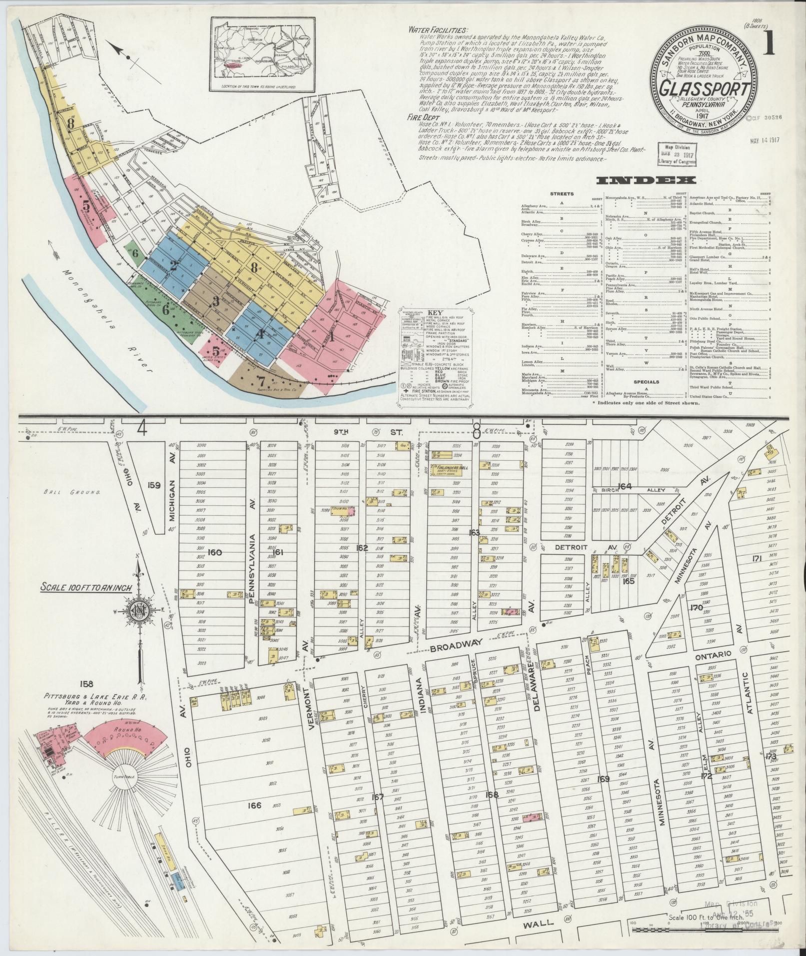 Sanborn Fire Insurance Map from Glassport, Allegheny County, Pennsylvania (1917), Sheet #0001 - Historic Sanborn Fire Insurance Map Print, vintage old map wall art, antique decor, genealogy gift, Pennsylvania Pennsylvania map