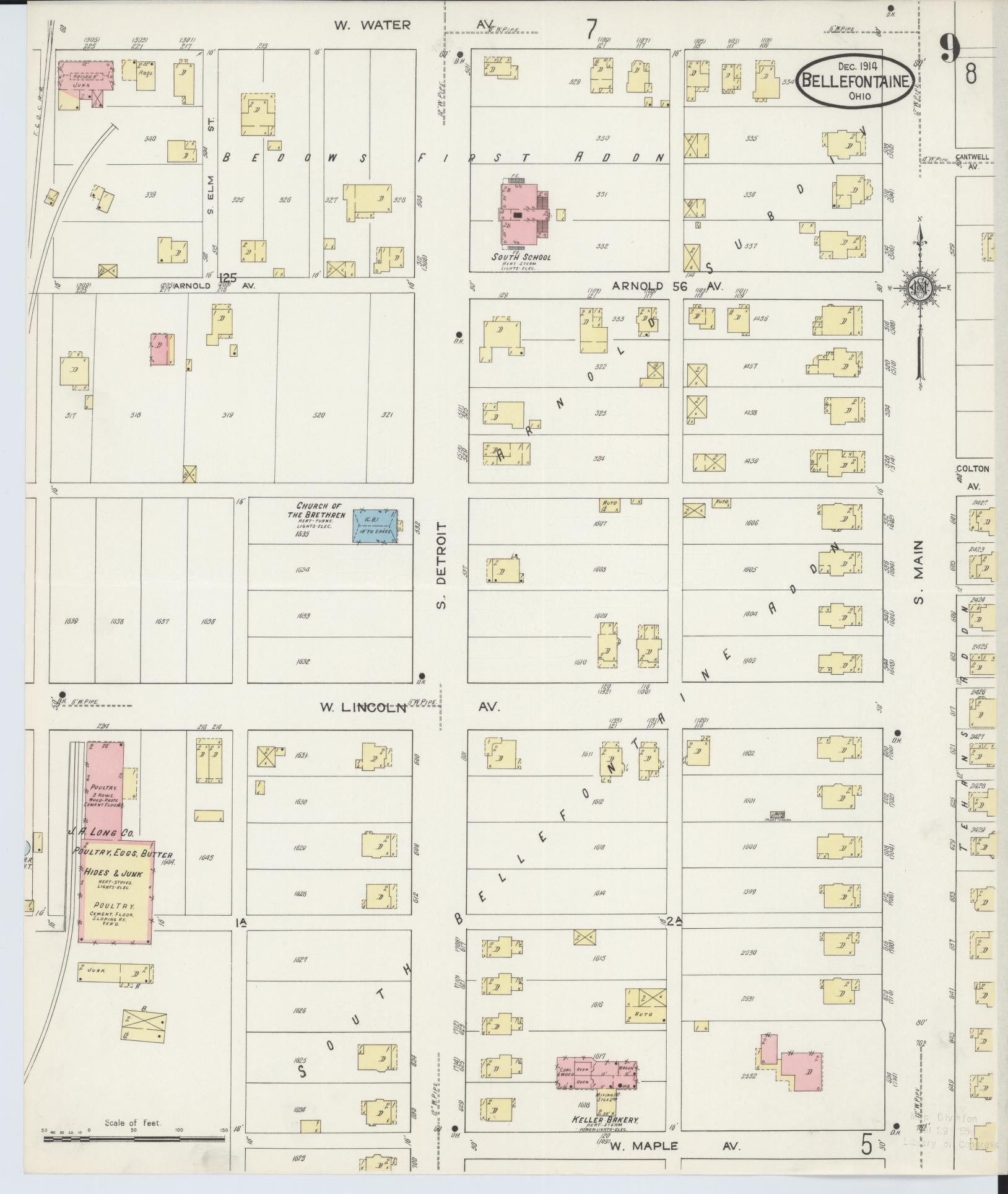 Sanborn Fire Insurance Map from Bellefontaine, Logan County, Ohio (1914), Sheet #0009 - Complete Map Set gallery image, historic Sanborn map, vintage wall art, Ohio Ohio