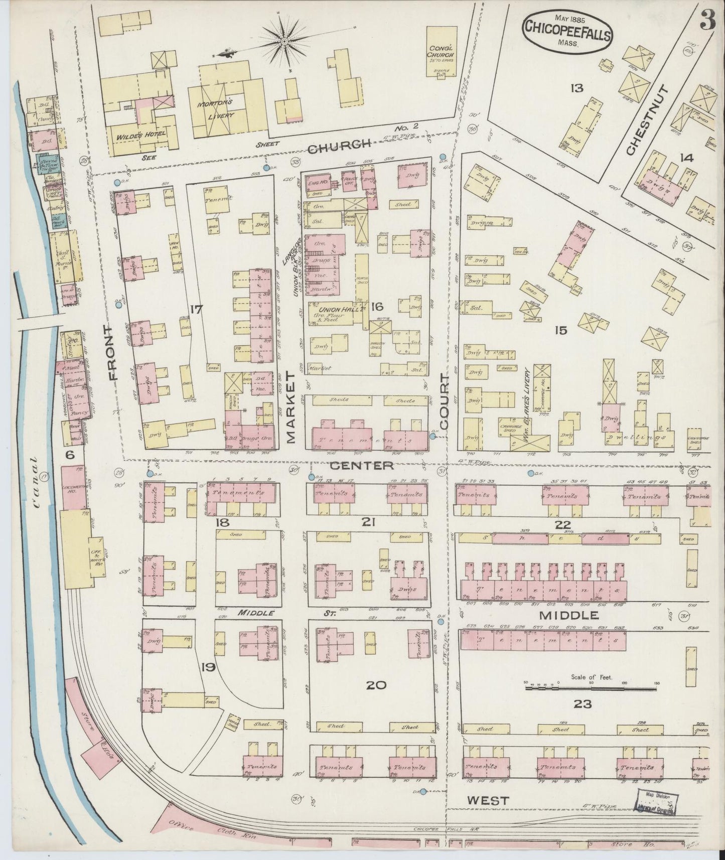 Sanborn Fire Insurance Map from Chicopee Falls, Hampden County, Massachusetts (1885), Sheet #0003 - Complete Map Set gallery image, historic Sanborn map, vintage wall art, Massachusetts Massachusetts
