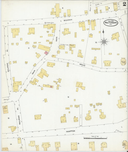 Sanborn Fire Insurance Map from Walterboro, Colleton County, South Carolina (1905), Sheet #0002 - Historic Sanborn Fire Insurance Map Print, vintage old map wall art, antique decor, genealogy gift, South Carolina South Carolina map