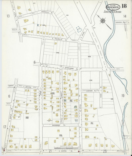 Sanborn Fire Insurance Map from Ridgewood, Bergen County, New Jersey (1916), Sheet #0018 - Historic Sanborn Fire Insurance Map Print, vintage old map wall art, antique decor, genealogy gift, New Jersey New Jersey map