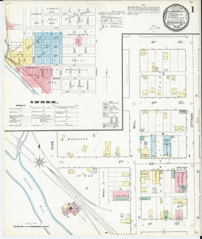 Sanborn Fire Insurance Map from Minneapolis, Ottawa  County, Kansas (1892), Sheet #0001 - Complete Map Set gallery image, historic Sanborn map, vintage wall art, Kansas Kansas