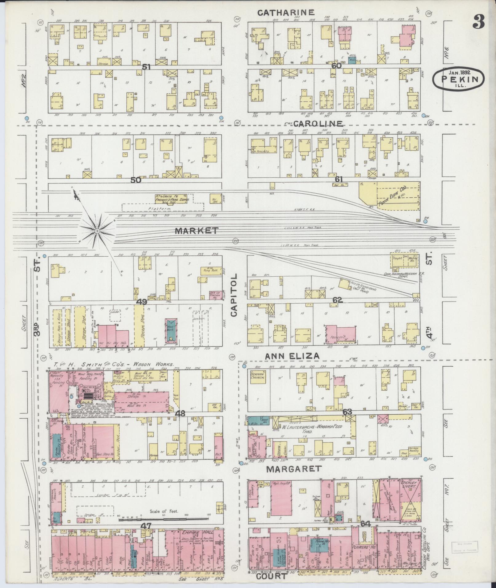Sanborn Fire Insurance Map from Pekin, Tazewell County, Illinois (1892), Sheet #0003 - Complete Map Set gallery image, historic Sanborn map, vintage wall art, Illinois Illinois