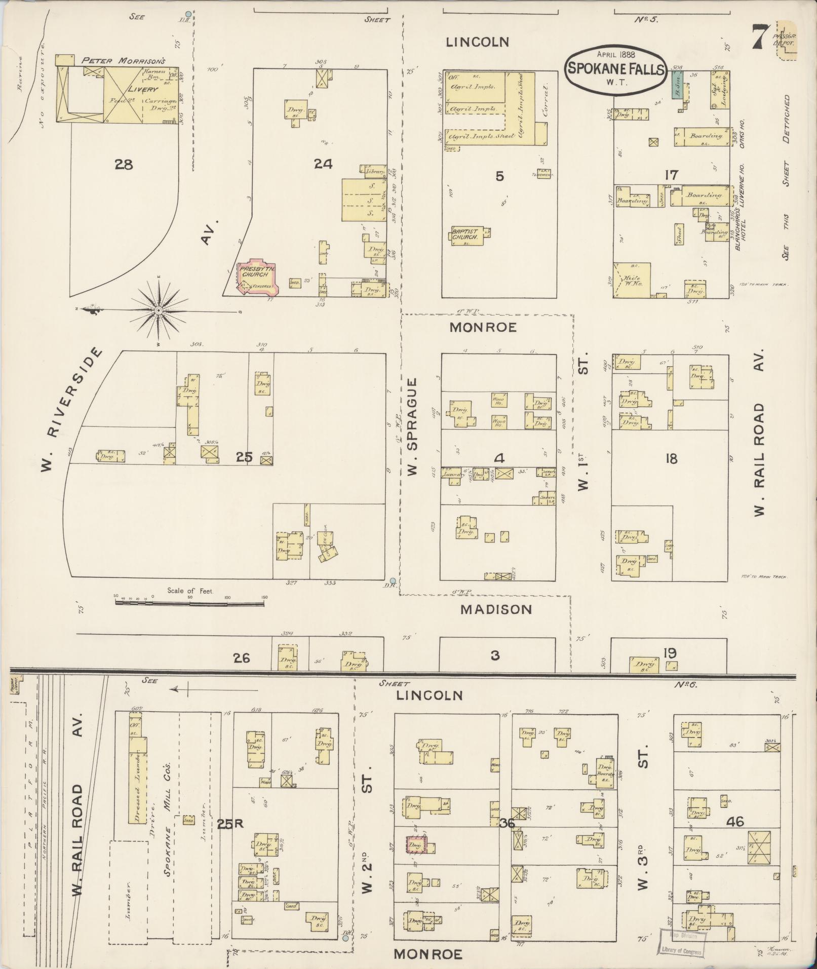 Sanborn Fire Insurance Map from Spokane, Spokane County, Washington (1888), Sheet #0007 - Complete Map Set gallery image, historic Sanborn map, vintage wall art, Washington Washington
