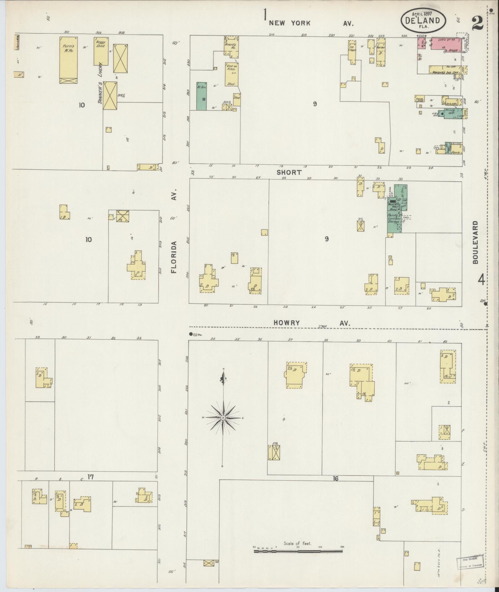 Sanborn Fire Insurance Map from De Land, Volusia County, Florida (1897), Sheet #0002 - Historic Sanborn Fire Insurance Map Print, vintage old map wall art, antique decor, genealogy gift, Florida Florida map