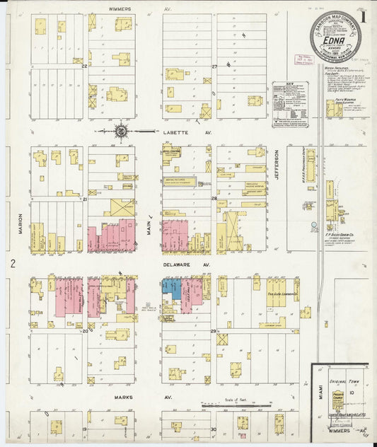 Sanborn Fire Insurance Map from Edna, Labette County, Kansas (1911), Sheet #0001 - Historic Sanborn Fire Insurance Map Print, vintage old map wall art, antique decor, genealogy gift, Kansas Kansas map