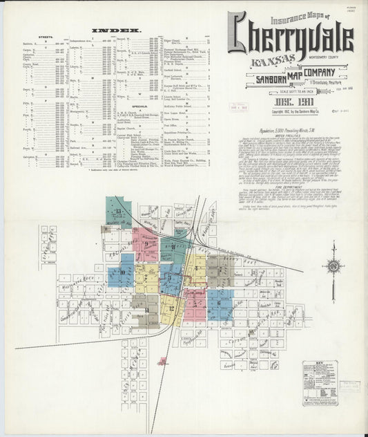 Sanborn Fire Insurance Map from Cherryvale, Montgomery County, Kansas (1911), Sheet #0001 - Complete Map Set gallery image, historic Sanborn map, vintage wall art, Kansas Kansas