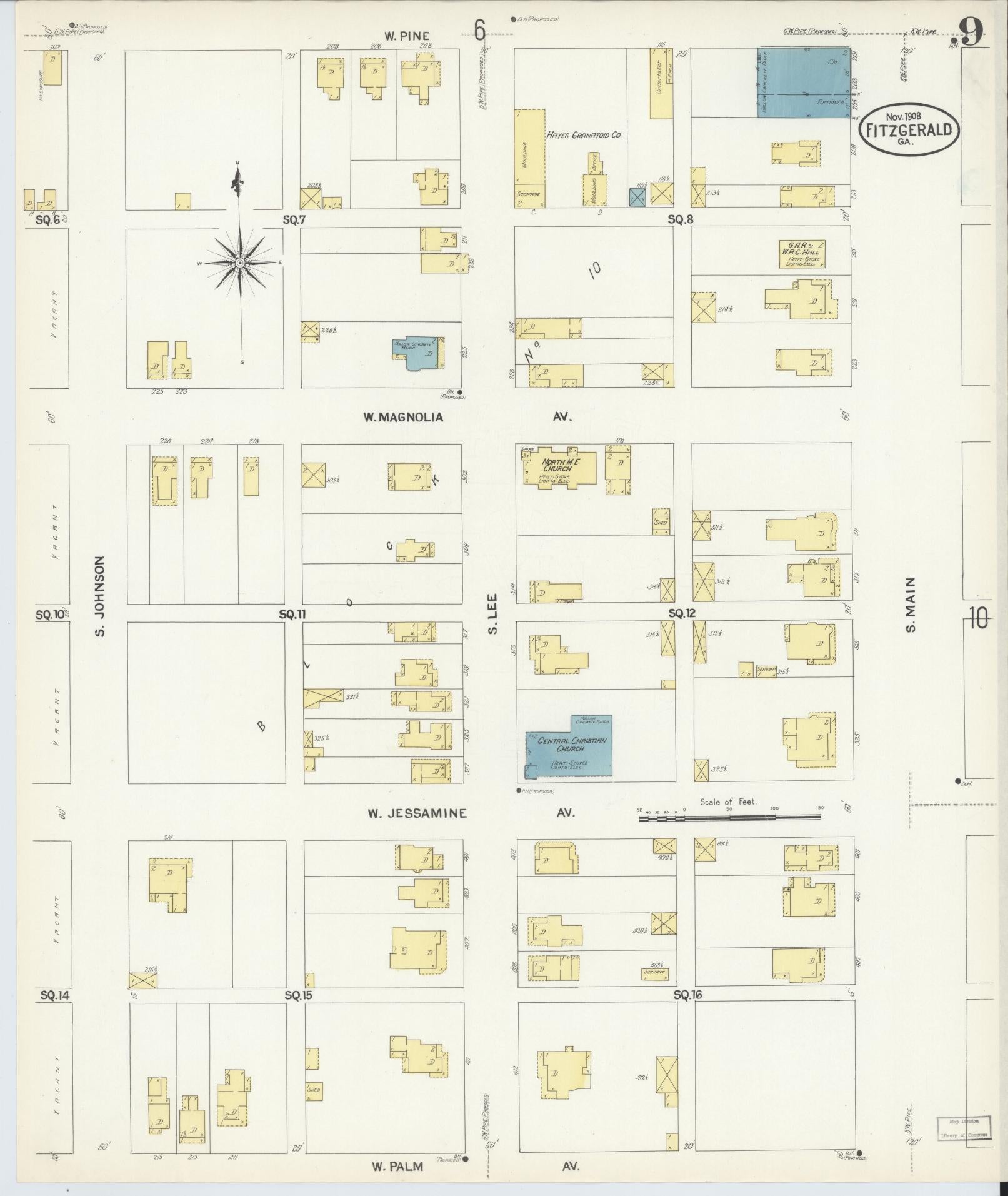 Sanborn Fire Insurance Map from Fitzgerald, Ben Hill County, Georgia (1908), Sheet #0009 - Complete Map Set gallery image, historic Sanborn map, vintage wall art, Georgia Georgia
