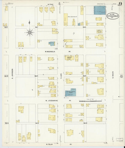 Sanborn Fire Insurance Map from Fitzgerald, Ben Hill County, Georgia (1908), Sheet #0009 - Complete Map Set gallery image, historic Sanborn map, vintage wall art, Georgia Georgia