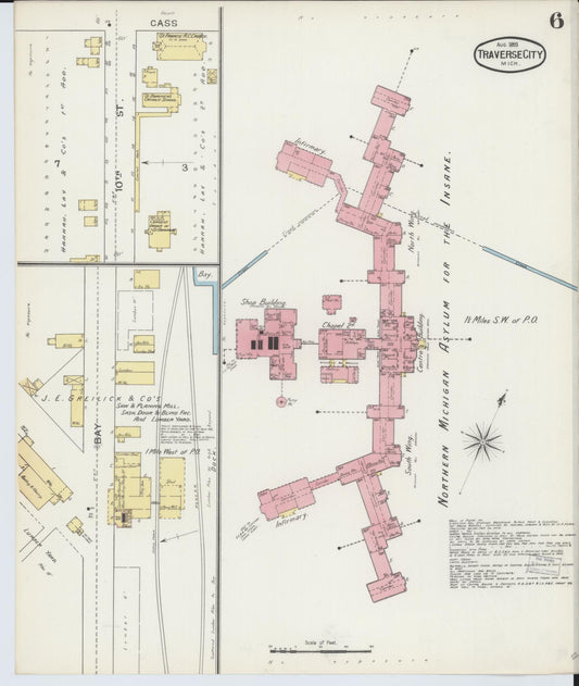 Sanborn Fire Insurance Map from Traverse City, Grand Traverse County, Michigan (1893), Sheet #0006 - Historic Sanborn Fire Insurance Map Print, vintage old map wall art, antique decor, genealogy gift, Michigan Michigan map